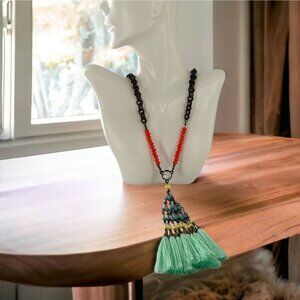 BAUBLEBAR Boho Green & Orange Beaded Tassel Bronze Necklace